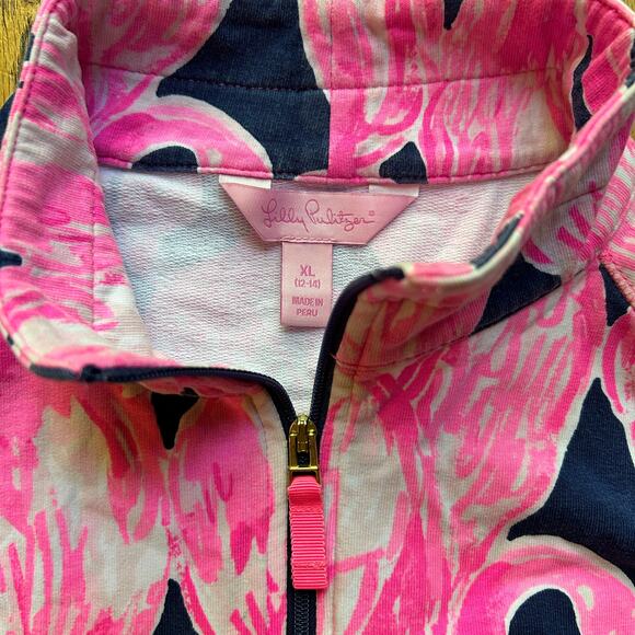 Lilly Pulitzer Girls Skipper Popover Top 1/2 Zip Flamingo Pink Navy Sz XL 12-14 - Picture 3 of 8